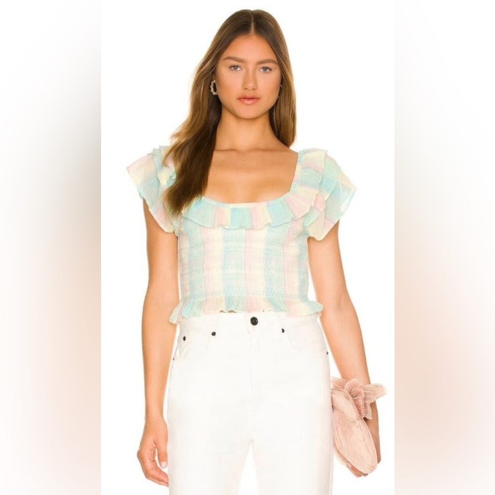 LoveShackFancy Saba Smocked Pastel Stripe Top - M